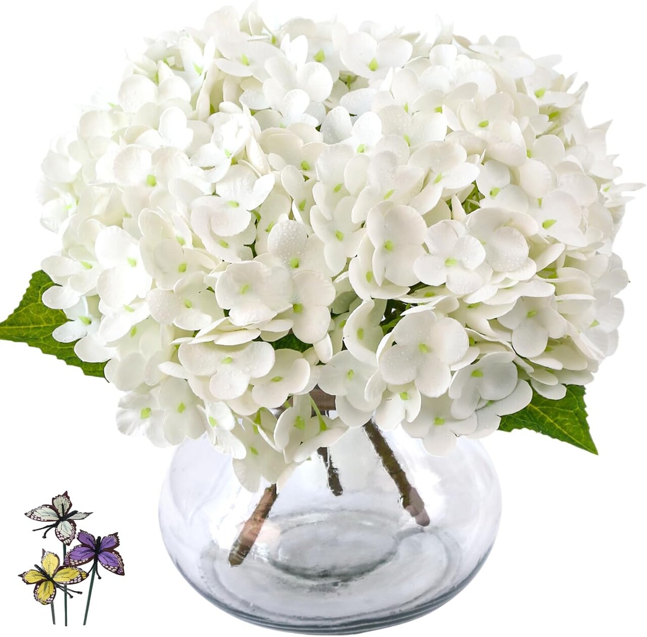 Hydrangea Artificial Flowers with Vase,White Real Touch Hydrangea Flowers with Butterfly,Faux Hydrangea Flowers for Floral Centerpieces for Tables,Home Decor,Wedding Decor,Coffee Table Decor